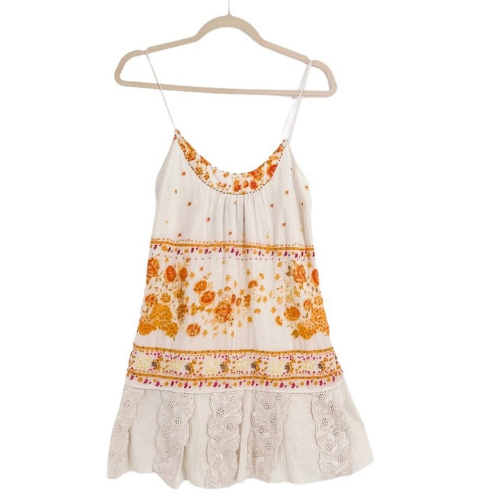 Free People Boho Beaded Sundress Mini Ivory Orange Embroidered Swing Dress Sz 0 - Picture 3 of 9
